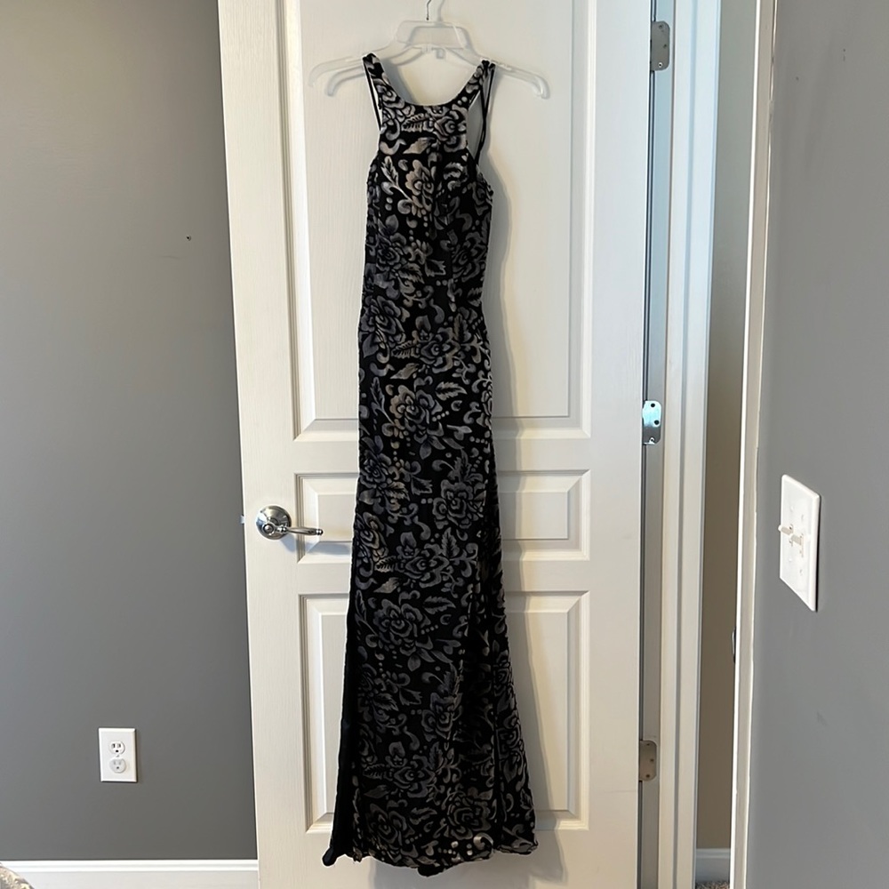 La Femme grey on black crushed velvet maxi with deep thigh slit. Lightweight.